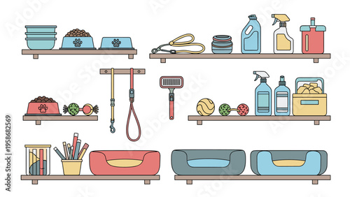 Organized display of pet supplies on shelves including food bowls toys grooming tools and comfortable pet beds for shops.