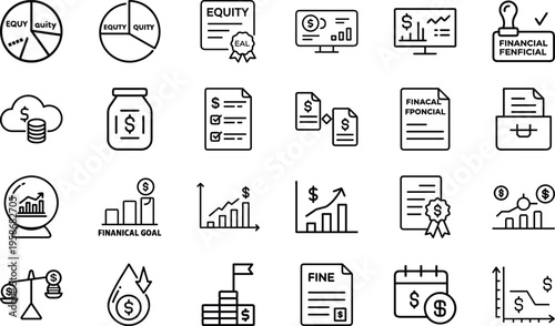 Business finance concept, equity pie chart, growth graph, financial document, money jar.