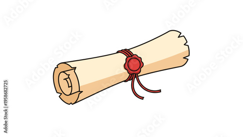 Classic illustration of an ancient rolled parchment scroll secured with a red wax seal and string on a white background.