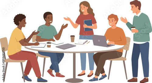 Diverse young team collaborates around a table, brainstorming ideas.