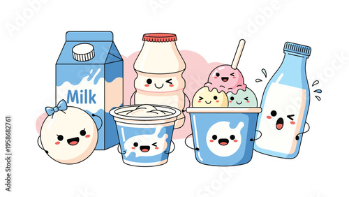 Group of cute kawaii dairy characters including milk cartons, yogurt, ice cream, and a cheese ball with happy and smiling faces.
