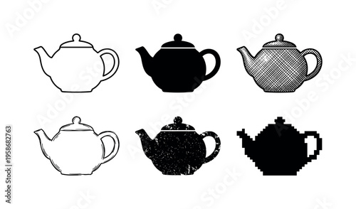 Six teapots in contrasting styles arranged neatly