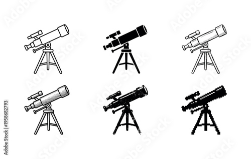 Six telescopes rest on tripods, all black and simple