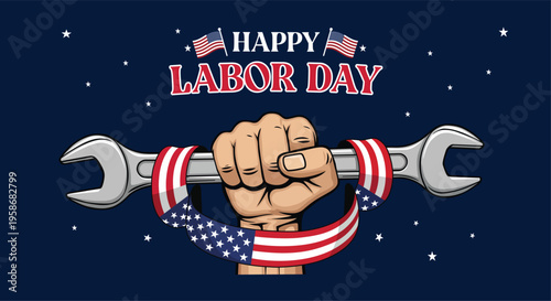 Labor day celebration with patriotic fist and wrench