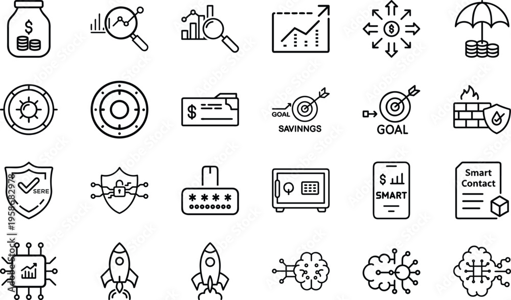Fototapeta premium Set of technical symbols illustrating data encryption network security smart contracts and cloud storage.