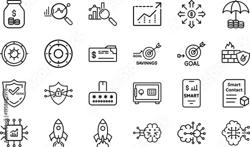 Set of technical symbols illustrating data encryption network security smart contracts and cloud storage.