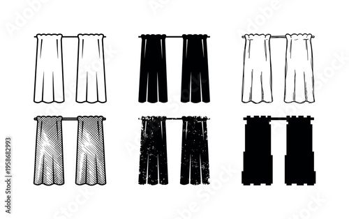 Six curtain styles shown in simple black and white design