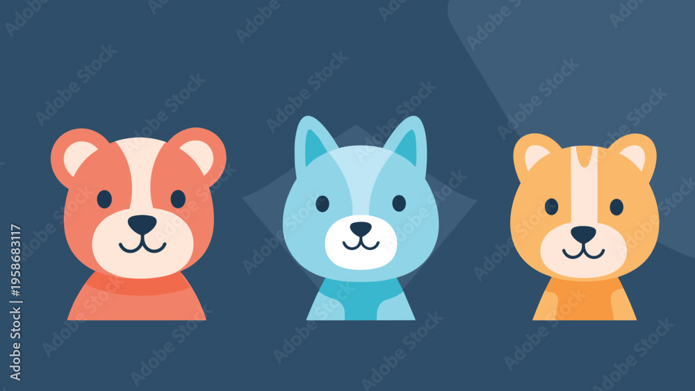 Fototapeta premium Three cute animal characters including a red bear, a blue fox, and an orange raccoon head illustrated on a dark blue background.