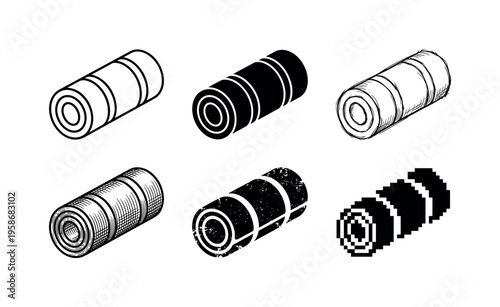 Six cylindrical objects in black and white
