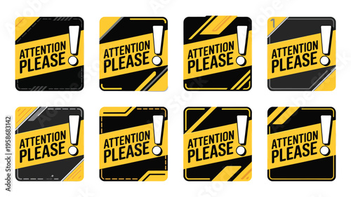 Attention please badges, warning and important message frames with exclamation mark and black yellow attention icons for alerts, hazard notices, and critical information design, vector illustration.