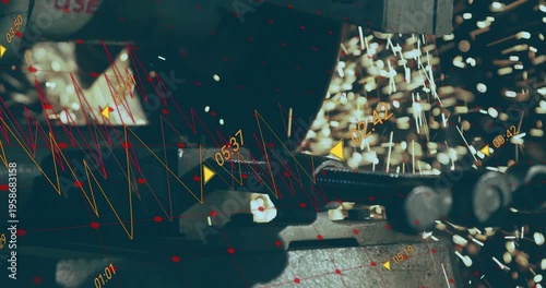 Wheel grinding clamped rods, ejecting sparks while transparent overlay animating for machining