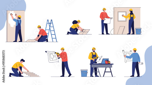Diverse group of construction workers and homeowners performing various home renovation and interior design tasks together.