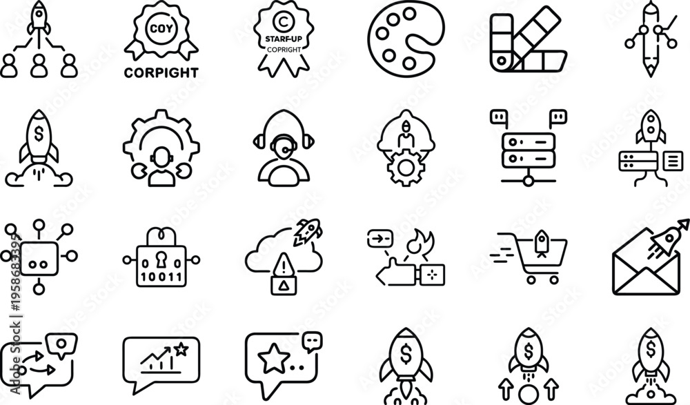 Fototapeta premium Startup business growth and innovation concepts, launch rocket, idea symbols, business charts, strategy, success, technology.