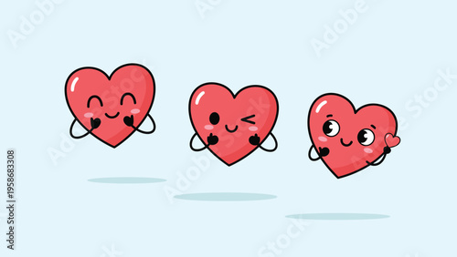 Set of three adorable heart characters with cute facial expressions and little hands on a light blue background for love.