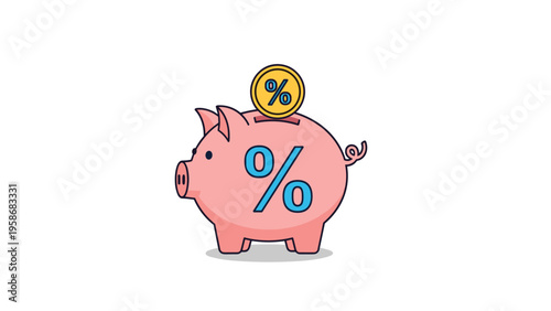 Pink piggy bank with a blue percentage symbol and a gold coin being deposited representing personal savings, interest, and banking.
