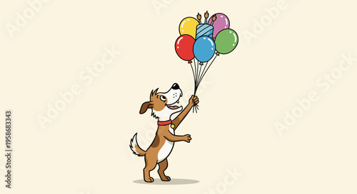 Adorable cartoon dog holding a colorful bunch of party balloons and a birthday cake with lit candles on a plain background.