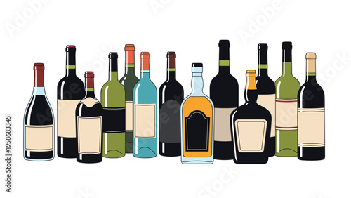 Line of different wine, beer, and liquor bottles with various colors and labels for beverage industry, bar, and menu designs.