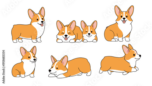 Charming collection of Welsh Corgi dog illustrations in various poses such as sitting lying down and running playfully.