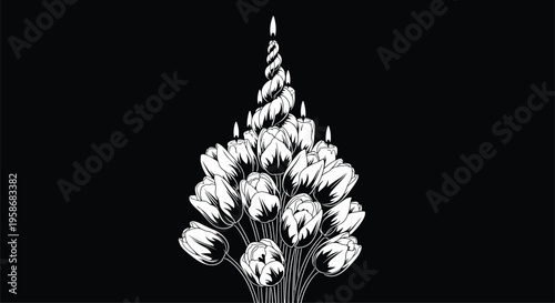Striking black and white illustration of multiple lit candles emerging from a bouquet of tulips on a solid black background.