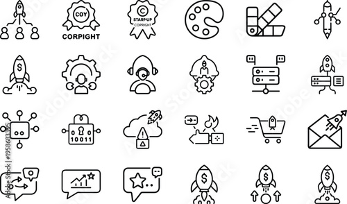 Startup business growth and innovation concepts, launch rocket, idea symbols, business charts, strategy, success, technology.