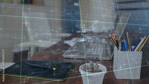 Camera shifting forward, centering succulent, tablet and pencils while HUD overlay showing design