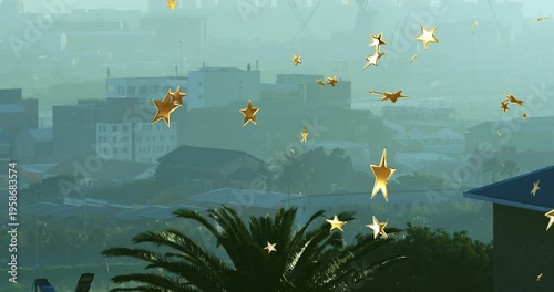 Vertical video: Drifting golden stars on play, moving over hazy neighborhood as decor, palm tree