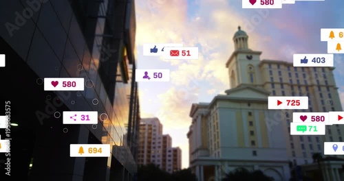 Badge icons appearing after calm, stacking and pulsing over glass and tower, fading, showing surge
