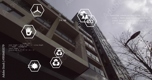 Camera tilting up and launching hex CO2 icons over building facade, updating environment metrics