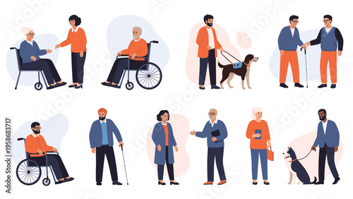 Illustration set showing people with disabilities such as wheelchair users and those with guide dogs receiving support.