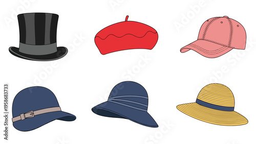 Set of different hat styles including a top hat, beret, baseball cap, cloche, and straw hat for fashion, headwear, and apparel concepts.