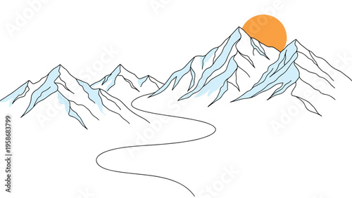 Simple line art illustration of a snow-capped mountain range with a winding road leading towards a large and bright orange sunrise.