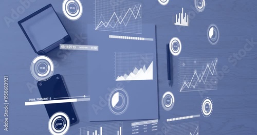 Vertical video: UI appearing, dashboard animating across desk, showing data near notebook pen phone