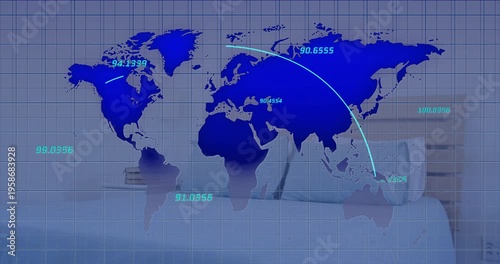 Digital map overlay initiating data feed animating arcs and labels showing tech routes over bedroom