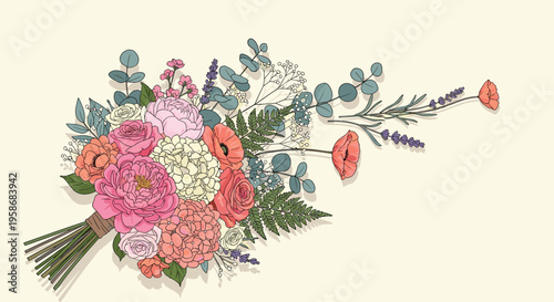 Exquisite hand-drawn flower bouquet featuring pink peonies and roses with eucalyptus leaves on a soft cream-colored background.