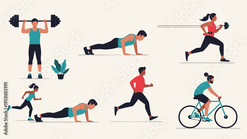 Motivated individuals performing various fitness activities including weightlifting push-ups running and cycling in a gym.