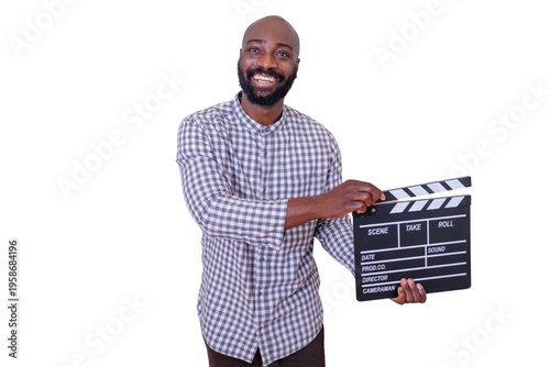 Εκτύπωση καμβά Smiling african american man presenting a film clapperboard for a new movie prod