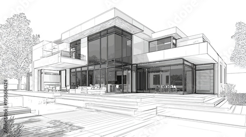 Modern luxury house architectural sketch. Contemporary home design rendering with large windows, black and white drawing perspective.
