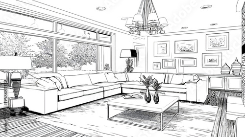 Modern Luxury Living Room Interior Sketch. Contemporary Home Design Illustration with Sectional Sofa, Coffee Table, and Large Windows.