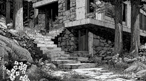 Monochrome illustration of a rustic stone house with intricate steps amidst dense forest foliage and wildflowers