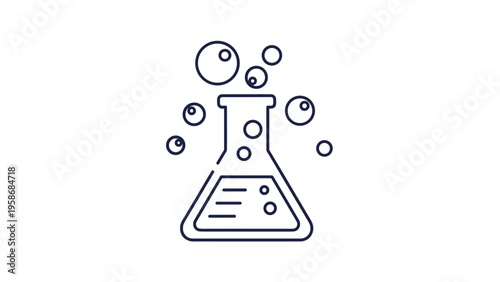Simple line art illustration of a laboratory conical flask with several bubbles rising from the liquid inside for chemistry projects.