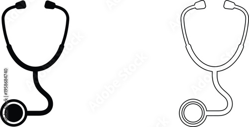 Minimalist stethoscope vector icons, medical diagnostic equipment set. Black solid and outline stethoscope symbols for healthcare and cardiology design.