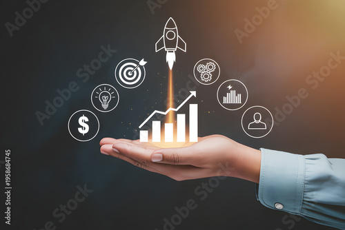 Hand presenting business growth icons and rocket launch sketch — innovation, startup success and digital strategy concept with charts and ideas