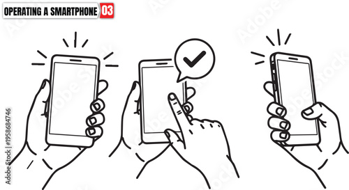 Hand holding smartphone vector illustration set. Finger touching mobile screen with check mark. User operating cell phone. Outline gesture icons for app interface.