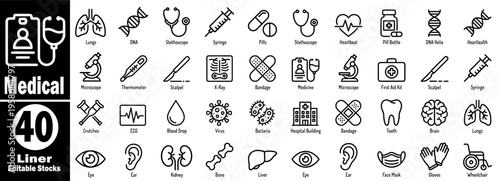 Medical line art icons. Featuring a stethoscope thermometer, microscope, syringe, X-ray, bandage, heart, brain, lungs, tooth, eye, ear vector illustration.