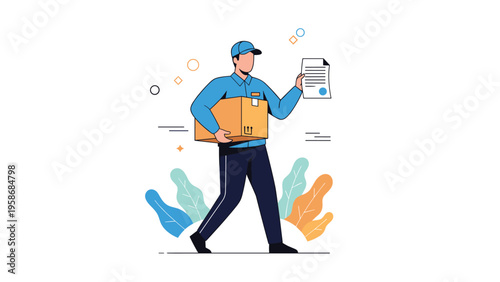 Professional courier wearing a blue uniform walks with a package while holding delivery documents for a successful shipment service.