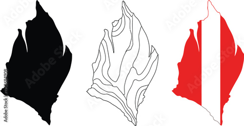 Three abstract leaf like shapes in black white and red