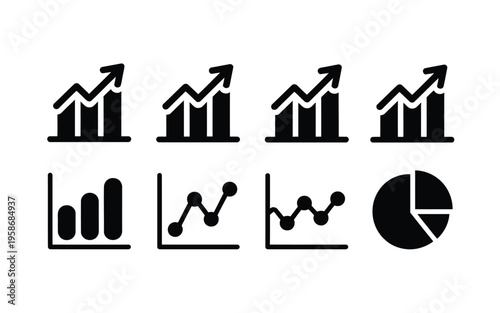 Black and white business graphs and a pie chart representing data trends, collection of charts and statistical diagrams for analytics, finance, and business reporting