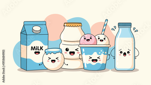 Set of cute cartoon dairy food characters featuring milk, yogurt, and ice cream with various happy and funny facial expressions.