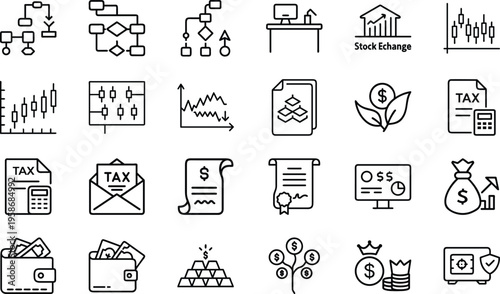 Collection of financial charts, tax documents, and investment vector icons for market analysis and banking.