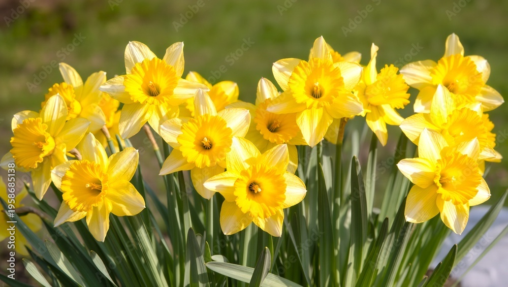 Fototapeta premium Bright yellow daffodils in full bloom surrounded by green foliage in a sunny garden setting, showcasing vibrant petals and lush leaves